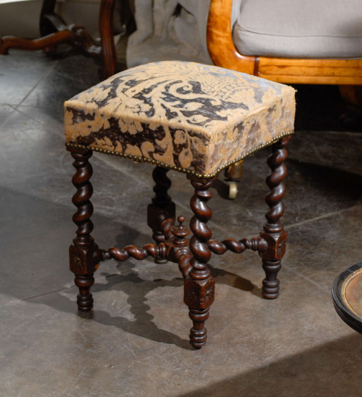French twist leg stool with 19th.c tapestry.