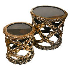 Silvered-wood And Smokey Glass-top Circular Side Tables