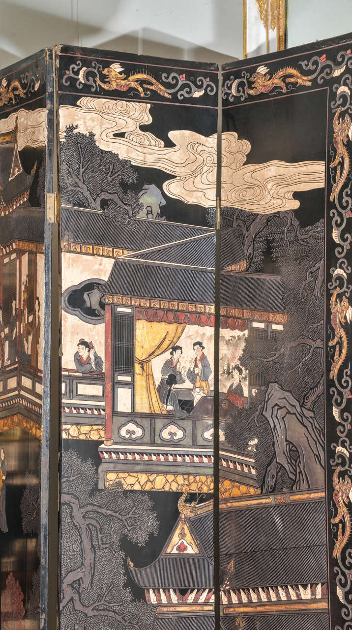 Chinese Polychrome Decorated Black Lacquered Eight Panel Screen
128