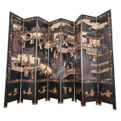 Antique Chinese Black Lacquered Eight-Panel Screen