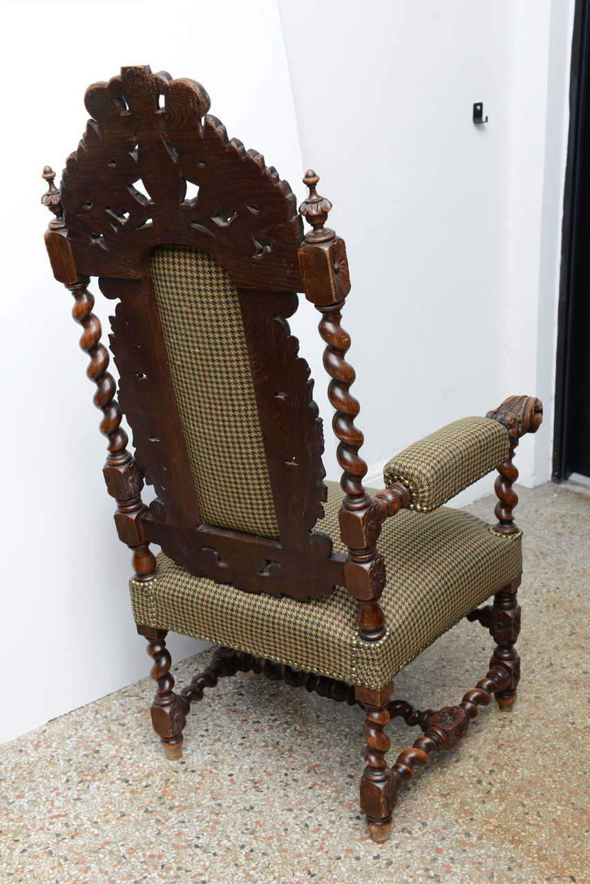 Hand Carved Throne Arm Chair, with Nailheads, 19th century In Good Condition In West Palm Beach, FL
