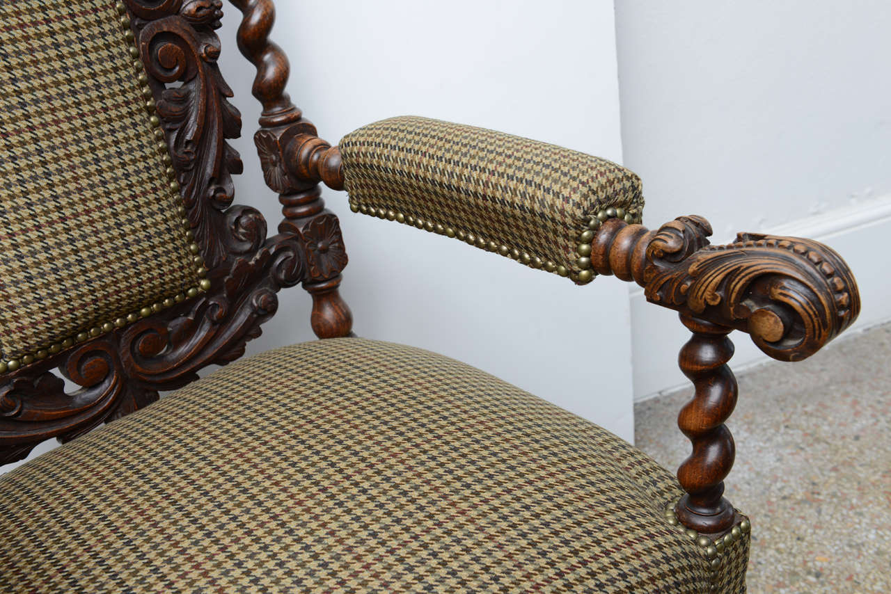 19th Century Hand Carved Throne Arm Chair, with Nailheads, 19th century