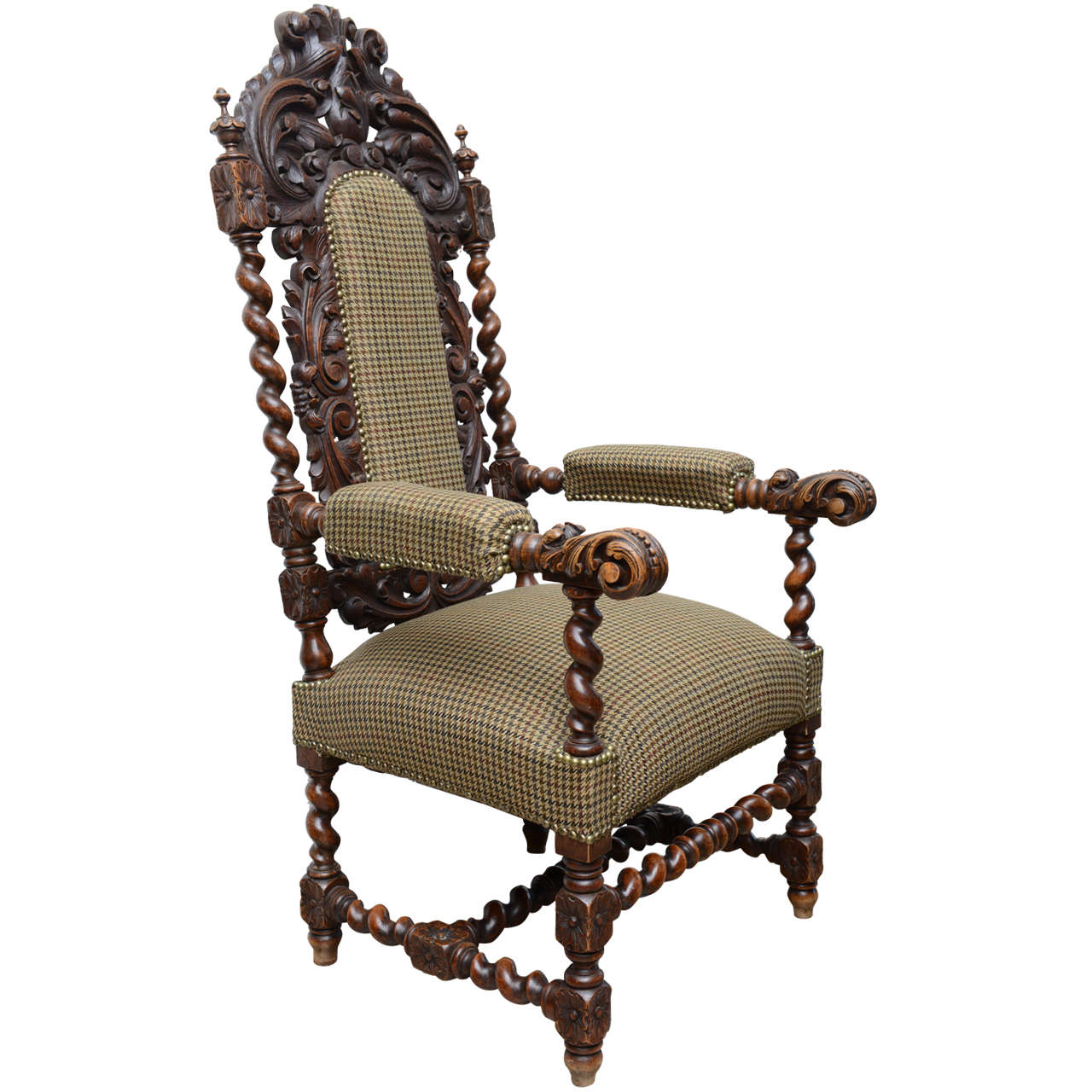Hand Carved Throne Arm Chair, with Nailheads, 19th century
