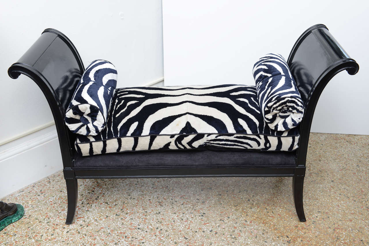 French Bench with Scalamandre Suede Zebra Fabric; newly upholstered platform (black velvet) & box edge seat cushion with two round bolsters; restored black lacquered frame

Originally $ 2,850.00