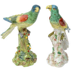 Near Pair of Porcelain Birds on Tree Stumps, 9"h, 19th Century