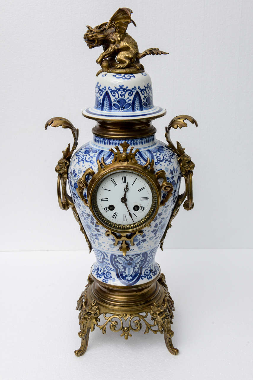 French Delft Mantel Clock, Garinature, with Bronze Mounts, Late 19th Century
