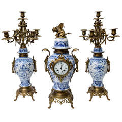 Antique Delft Mantel Clock, Garinature, with Bronze Mounts, Late 19th Century