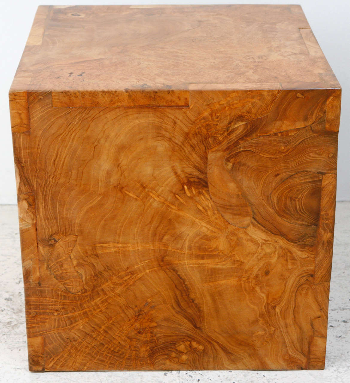 Vintage custom made burl cube with solid pieces of wood that are connected by finger joints on all sides.