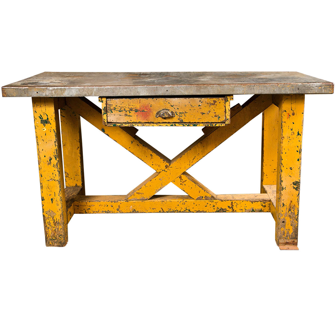 Vintage American Zinc Top Factory Work Table, C. 1920-40