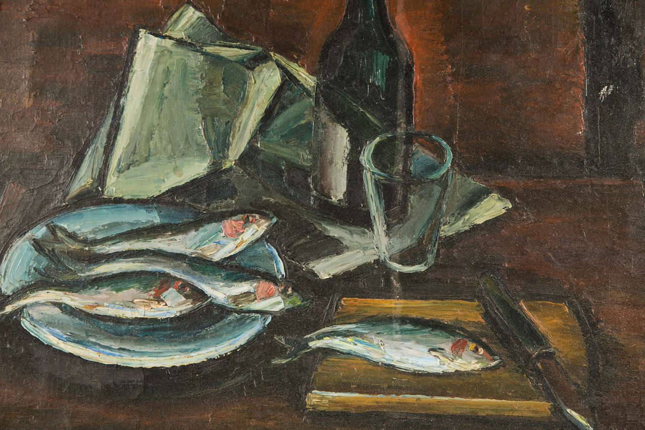 French oil on canvas still life of fish and a wine bottle, c. 1940-60