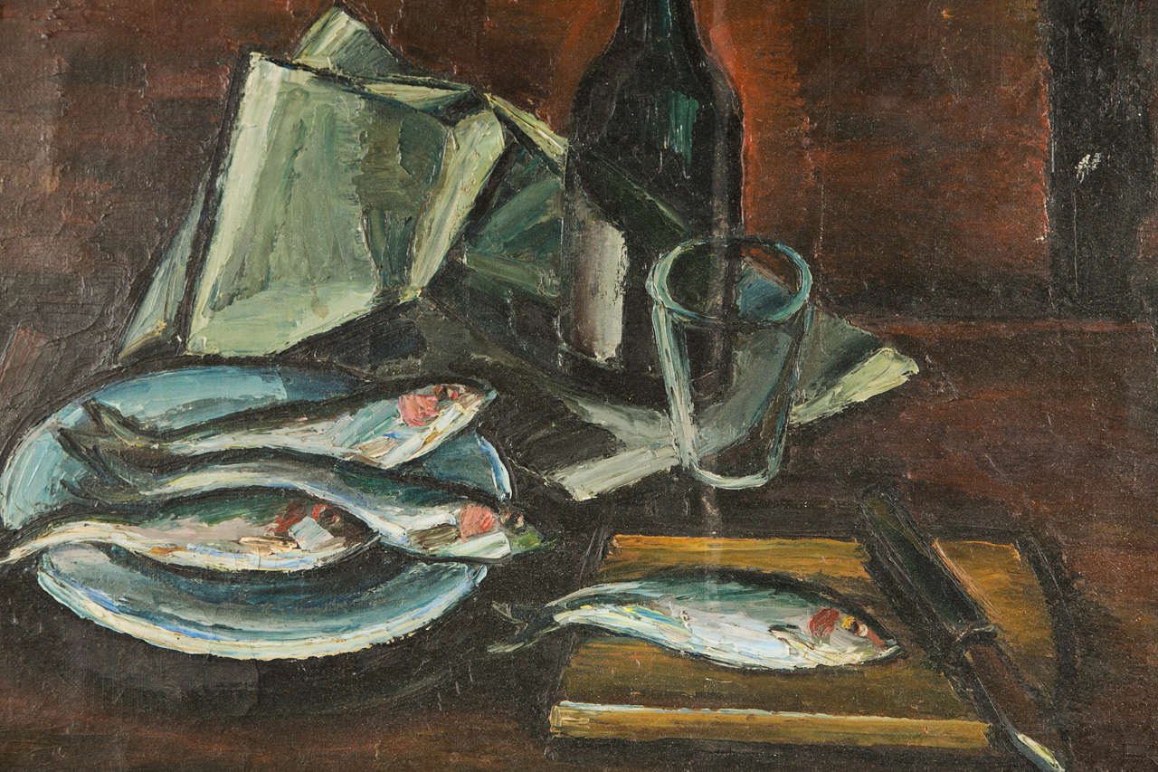 French Mid-century Still Life Of Fish And A Wine Bottle, C. 1940-60