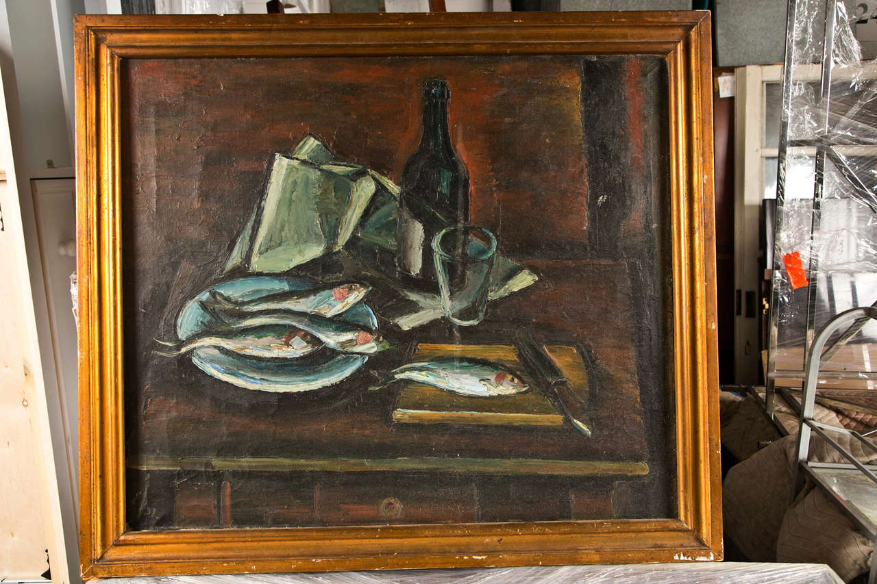 French Mid-century Still Life Of Fish And A Wine Bottle, C. 1940-60 For Sale 2