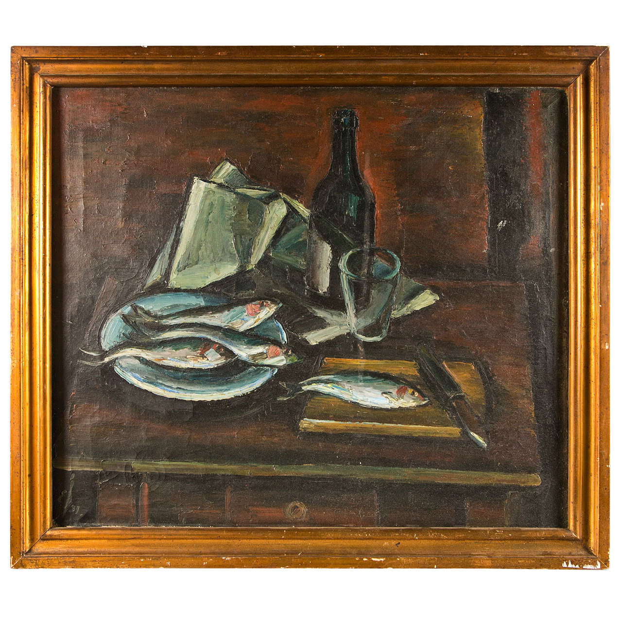 French Mid-century Still Life Of Fish And A Wine Bottle, C. 1940-60 For Sale