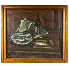 French Mid-century Still Life Of Fish And A Wine Bottle, C. 1940-60