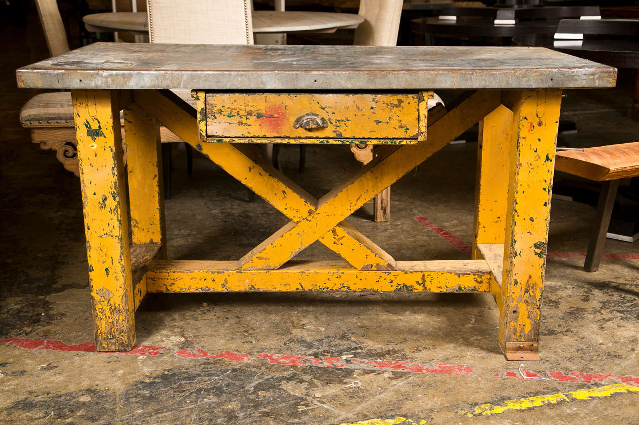 Vintage American Zinc Top Factory Work Table, C. 1920-40 