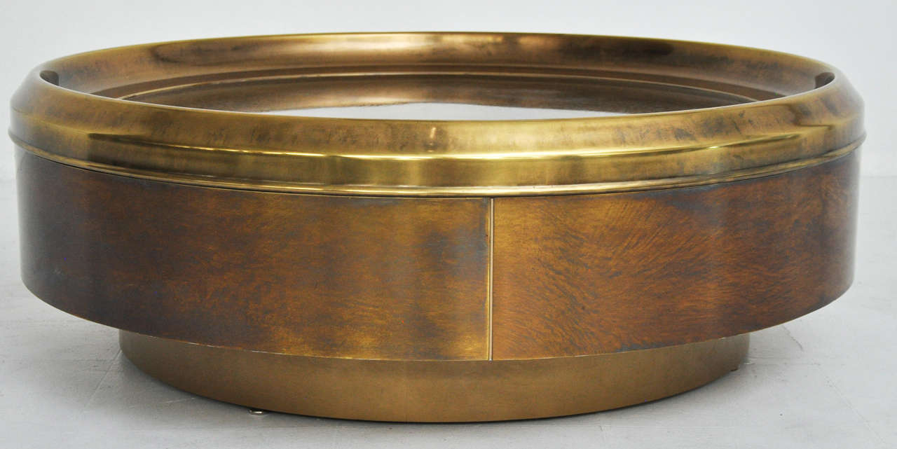 Brass clad coffee table designed by Bernard Rohne for Mastercraft.  Beautiful applied patina with acid etched top.