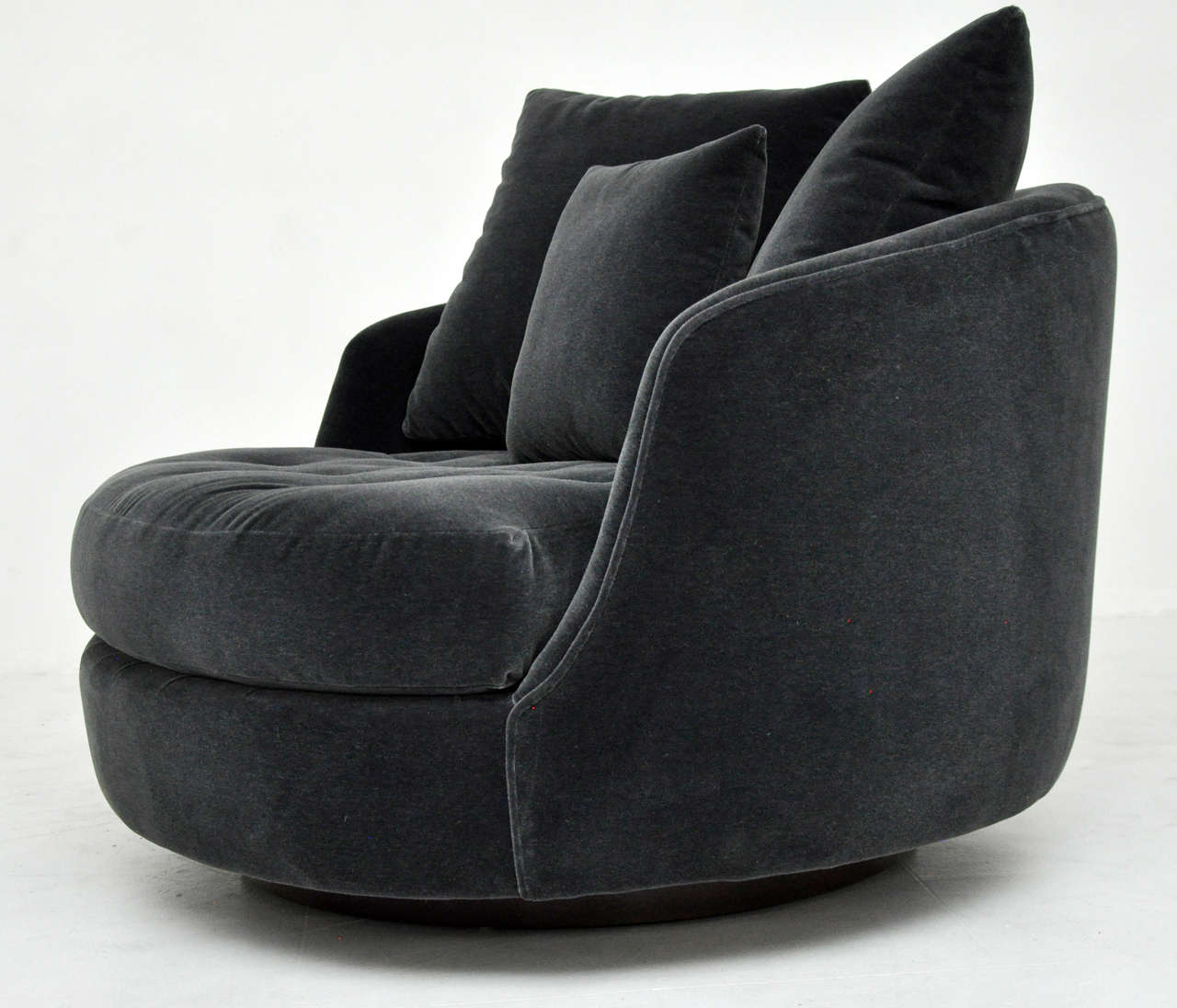 Large cuddle chair by Milo Baughman.  Newly upholstered in mohair over fully restored walnut base.