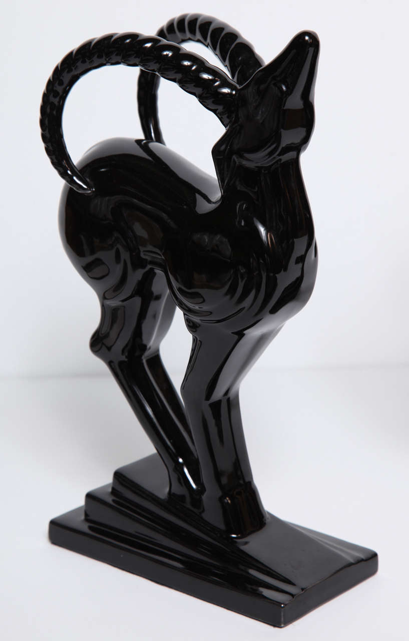 Art Deco Black Ceramic Ibex Bookends In Excellent Condition In New York, NY