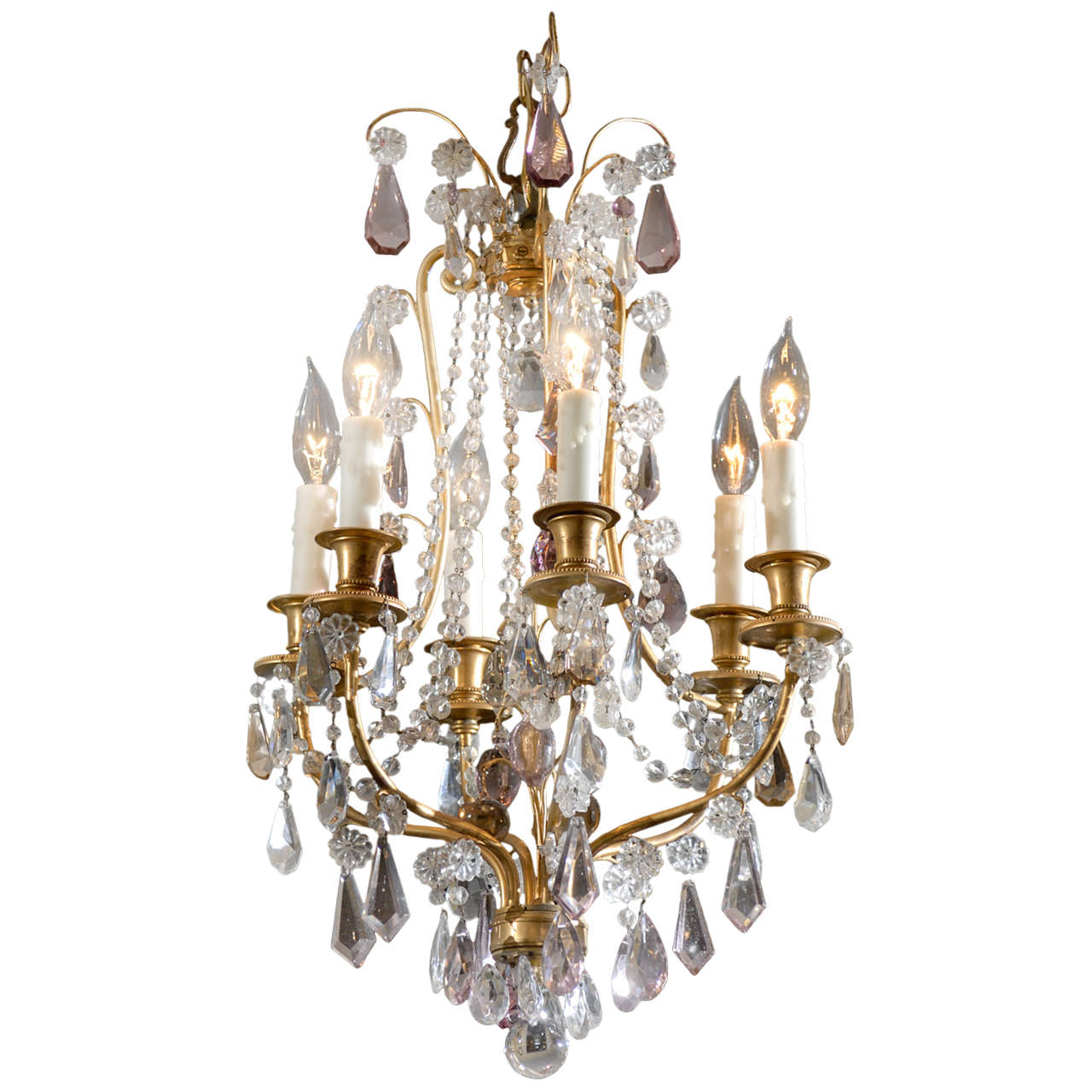 Early 20thc French Gilt Bronze Chandelier With Amethyst Crystals