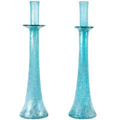 Seguso Turquoise Scavo Glass Candlesticks