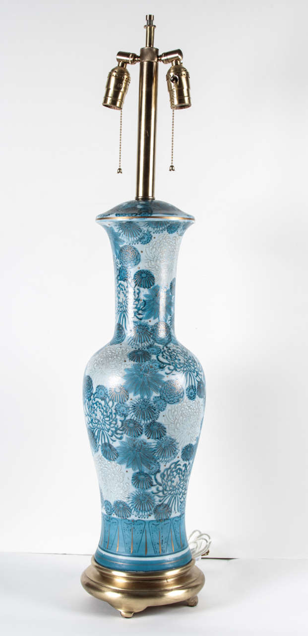 Mid-Century Modern Marbro Blue Chrysanthemum Porcelain Lamps