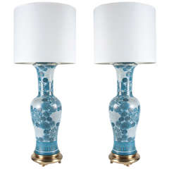 Marbro Blue Chrysanthemum Porcelain Lamps