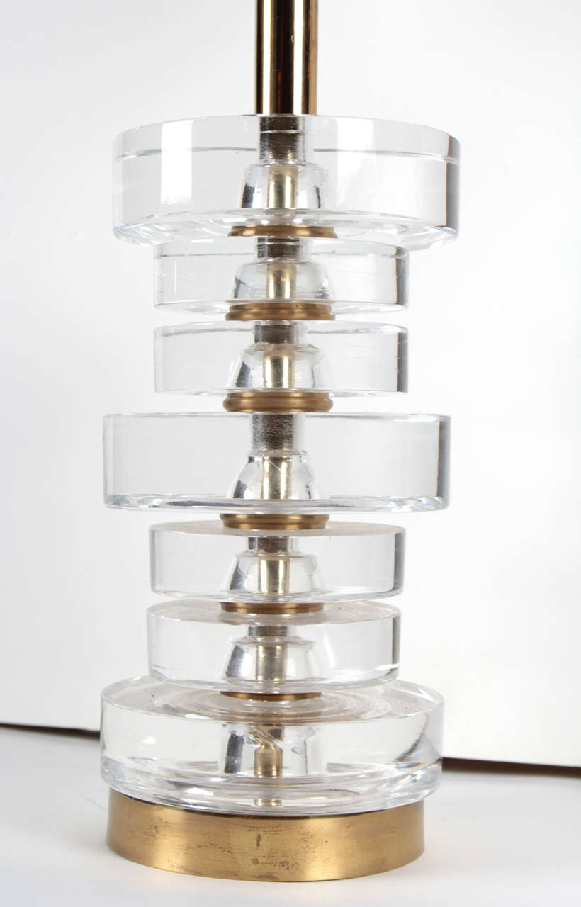 Mid-Century Modern Pair of Orrefors Stacked Crystal Disc Lamps