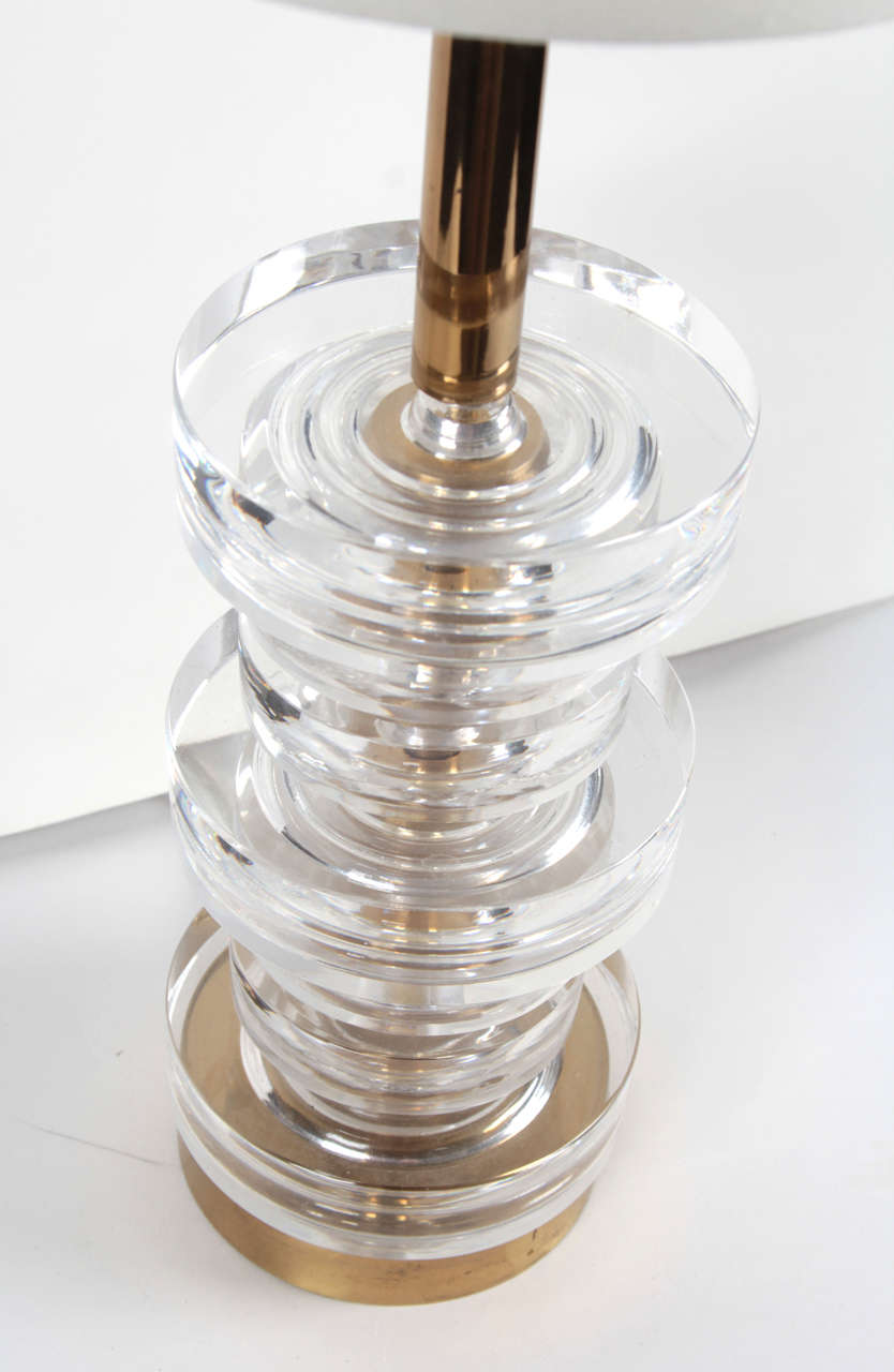 Swedish Pair of Orrefors Stacked Crystal Disc Lamps