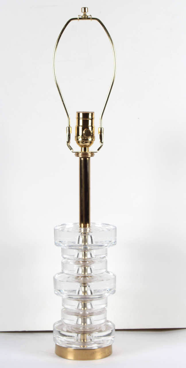 Pair of Orrefors Stacked Crystal Disc Lamps In Excellent Condition In New York, NY