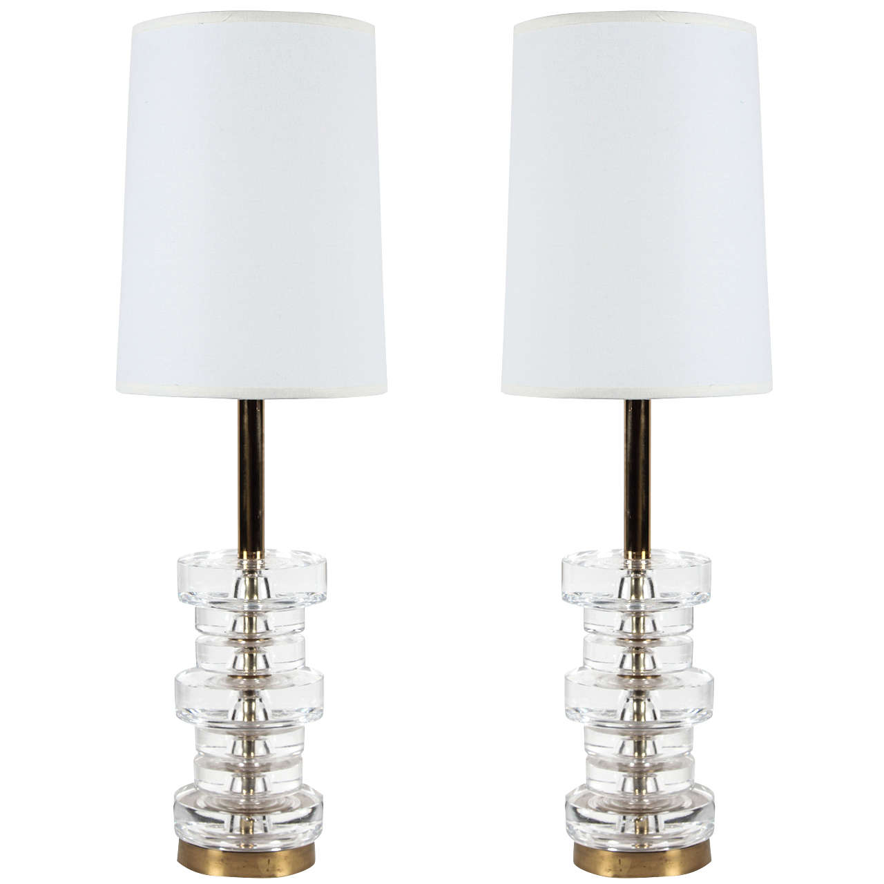 Pair of Orrefors Stacked Crystal Disc Lamps