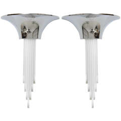 Large Pair of Karl Springer Style Art Deco Inspired Lucite and Chrome Sconces