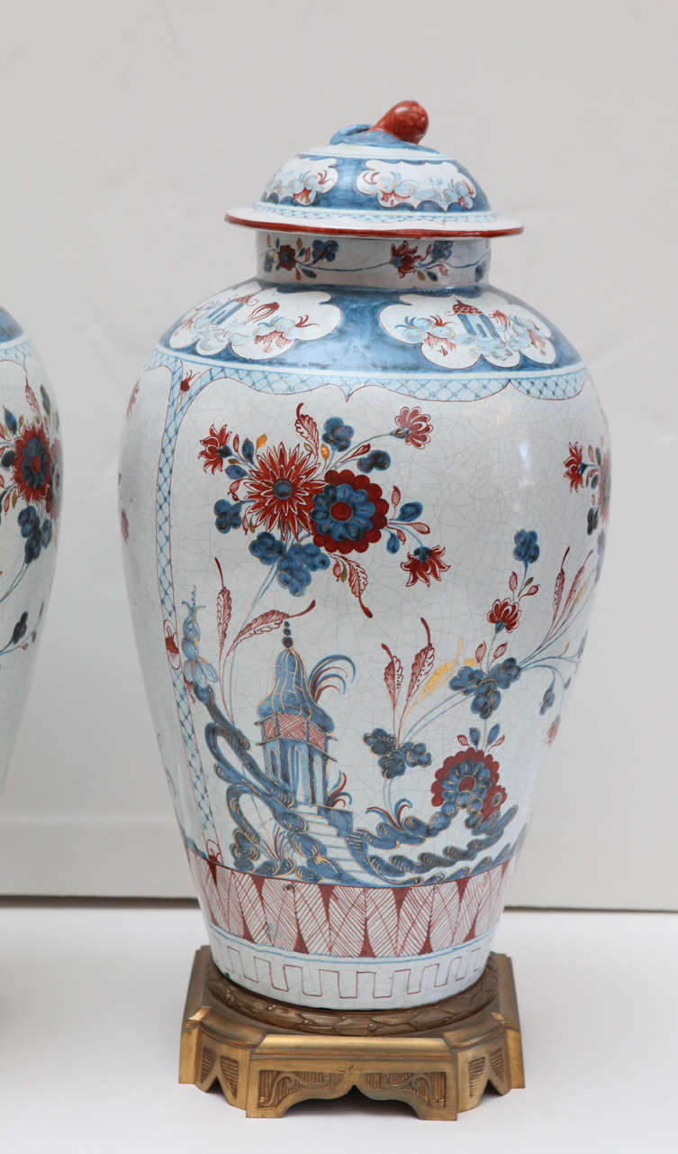 Dutch Pair of Hand-Painted, Delft Urns