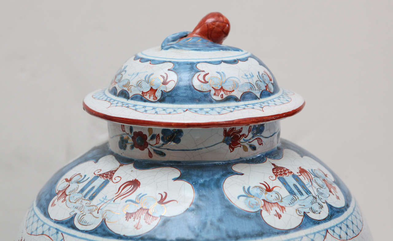 Porcelain Pair of Hand-Painted, Delft Urns