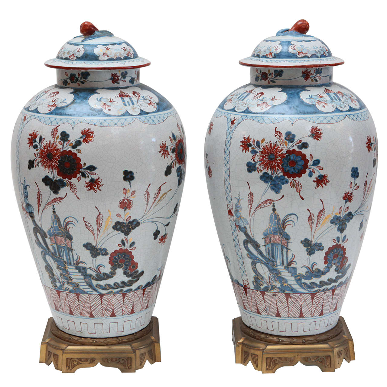 Pair of Hand-Painted, Delft Urns