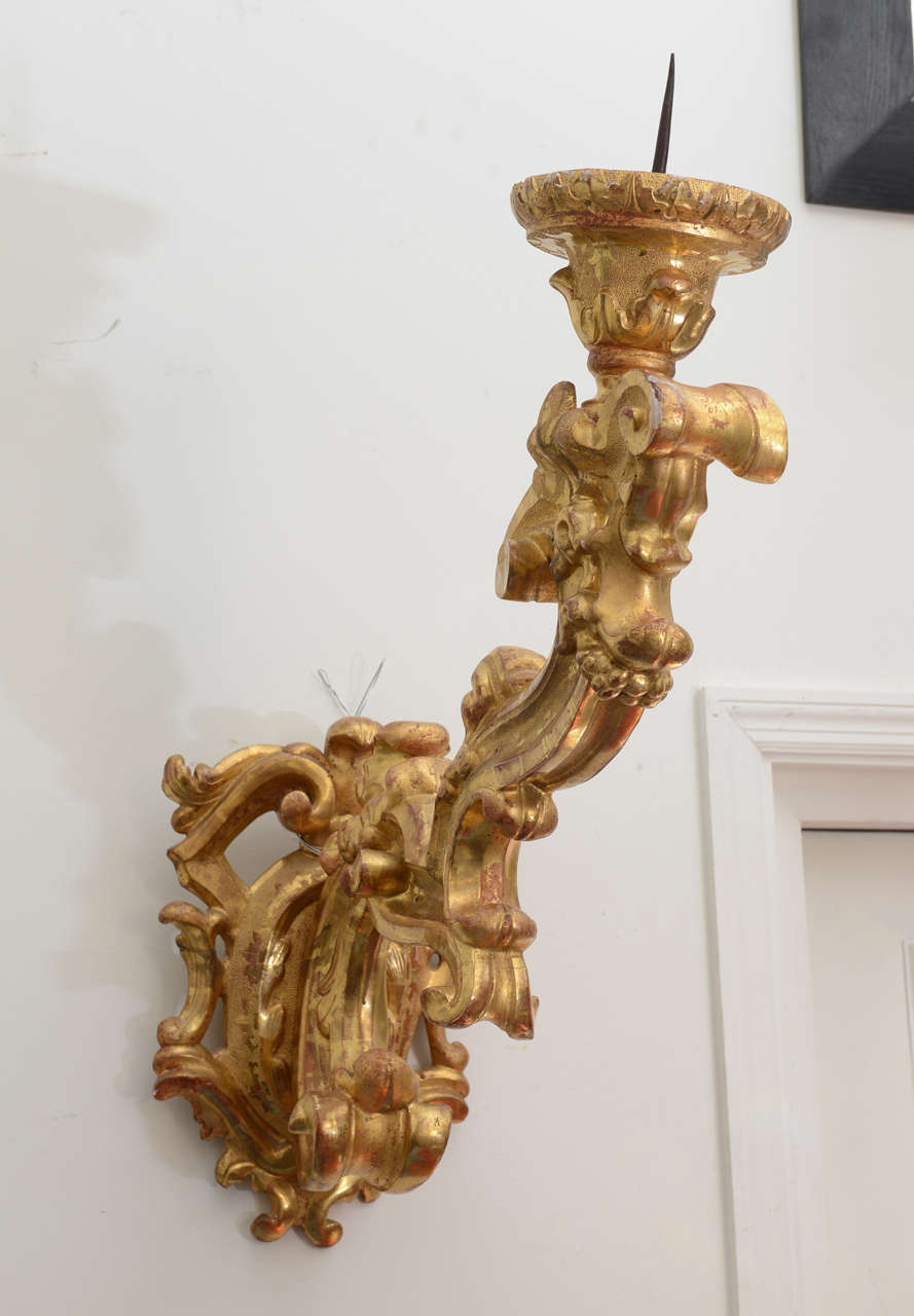 Exceptional pair of Italian gold gilt candle sconces. Very fine.