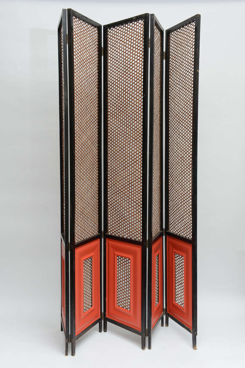 Chic and impressive 1940's Art Deco five panel screen with cane inserts.