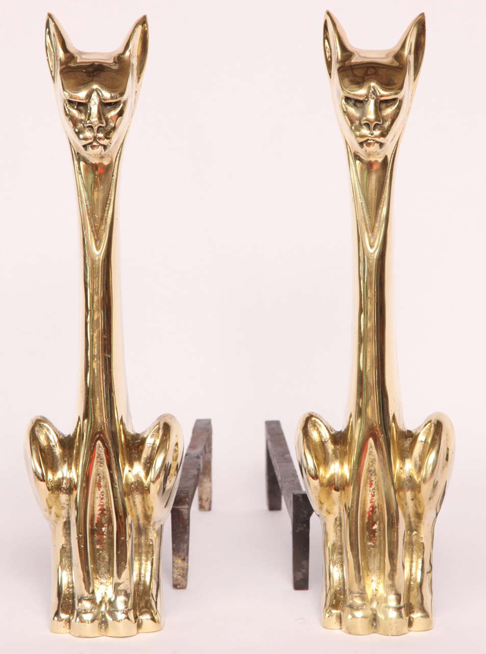 Pair of Mid-Century, Polished Brass Feline Andirons.