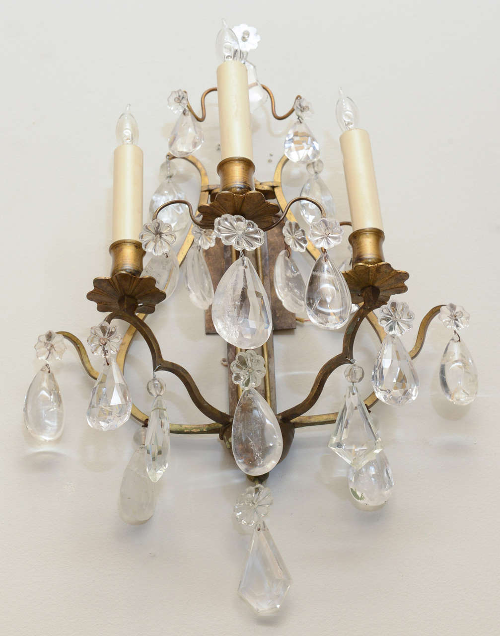 French Pair of Brass Three Light Rock Crystal Sconces
