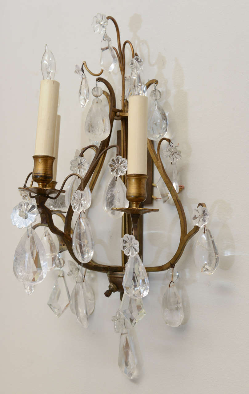 Pair of Brass Three Light Rock Crystal Sconces In Excellent Condition In West Palm Beach, FL