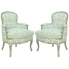 Pair of Green Painted French Bergeres