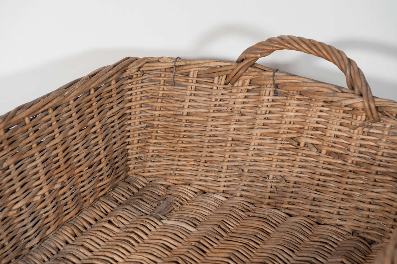 French 19th Century Antique Large Wicker Basket with Wooden Foot Strapping