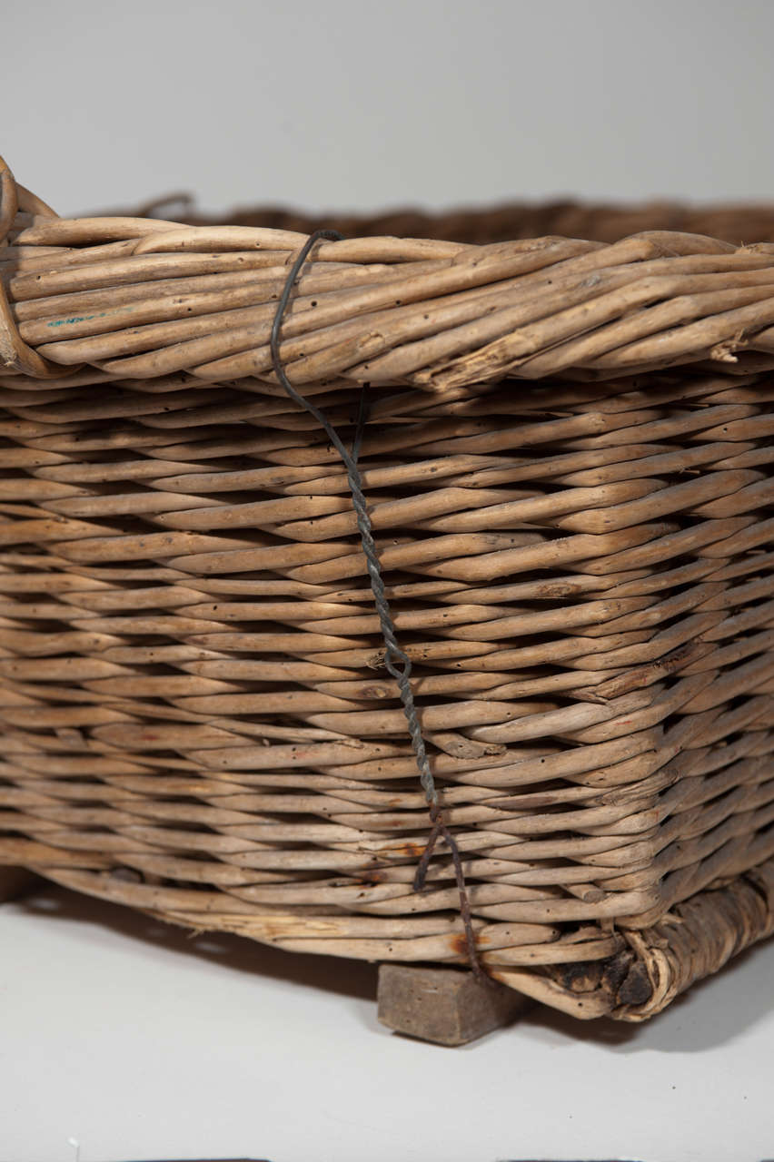19th Century Antique Large Wicker Basket with Wooden Foot Strapping In Good Condition In Toronto, ON