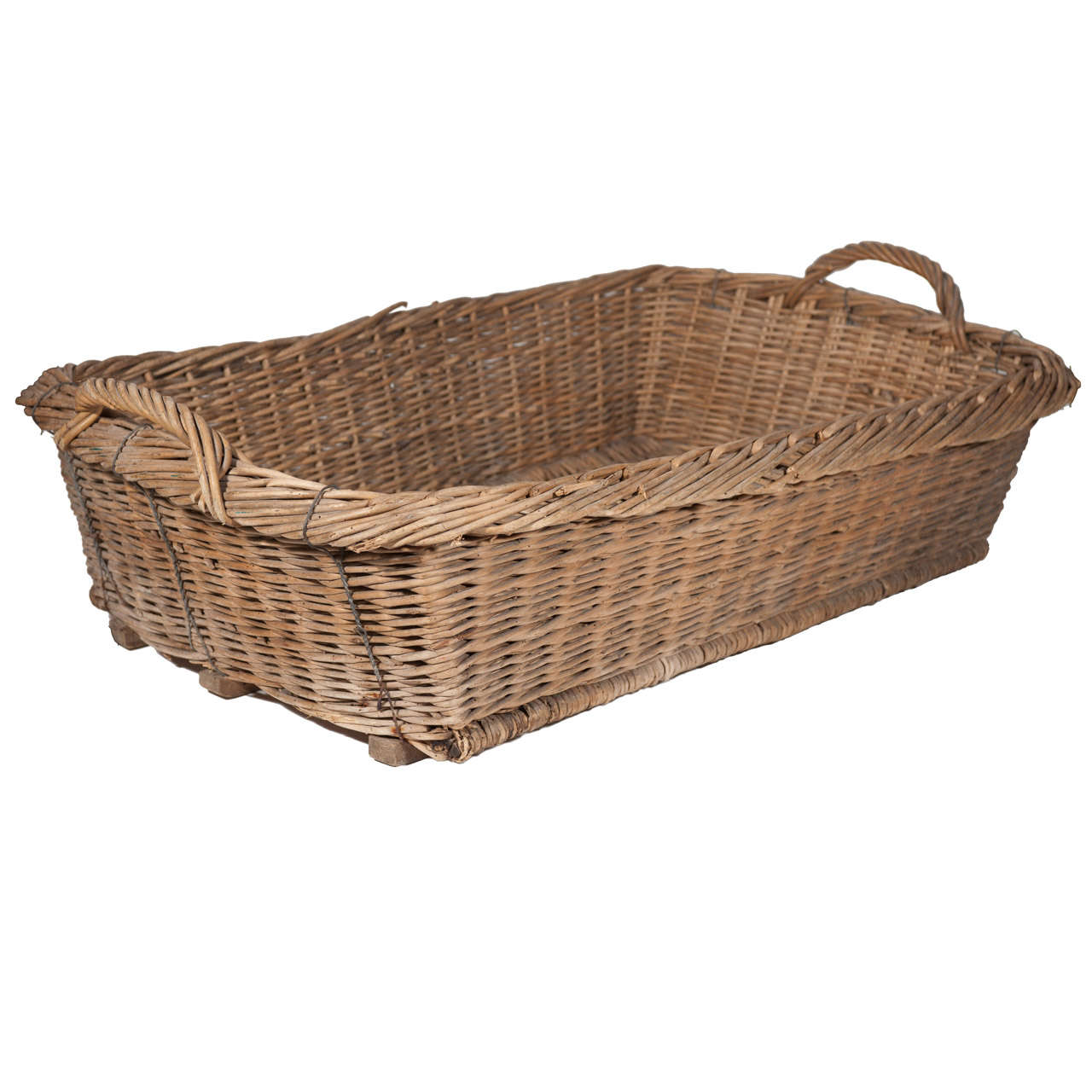 19th Century Antique Large Wicker Basket with Wooden Foot Strapping
