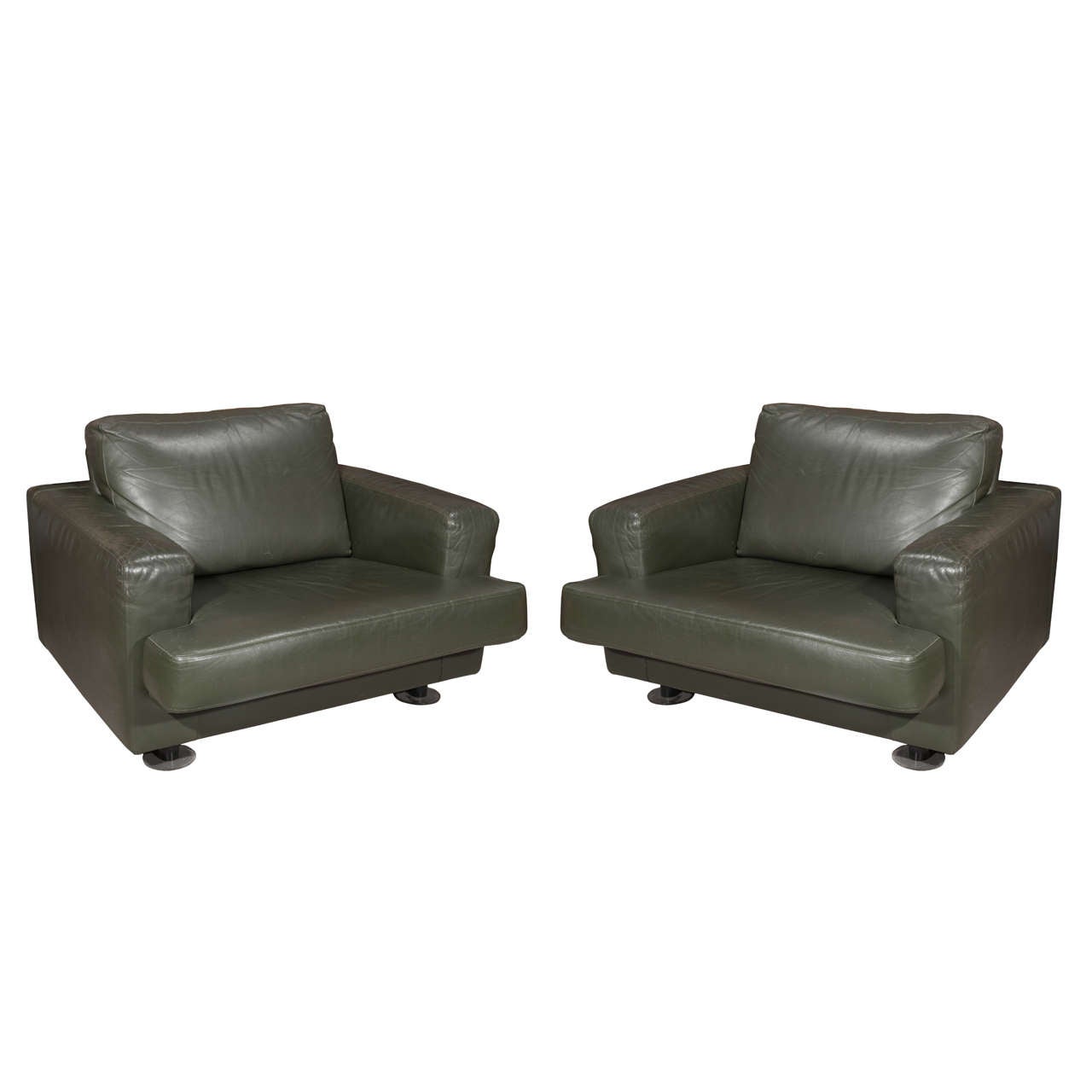 Pair of 20th Century Green Leather Italian Armchairs, Minotti
