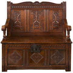 Carved Oak Settle with Storage 3