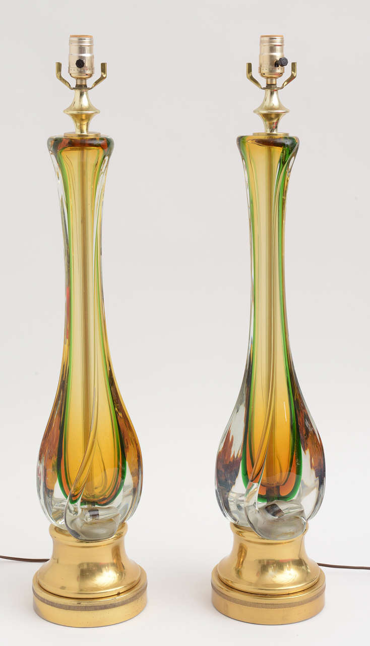 Pair Mid Century modern Italian Murano Cenedese Lg. Glass Table Lamps In Excellent Condition In Miami, FL