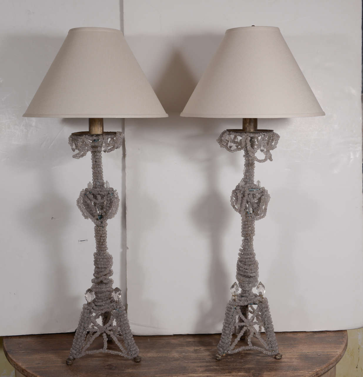 Fabulous Pair 1940's Italian beaded lamps. Wired for the US. Will split the pair. Shades sold separately.