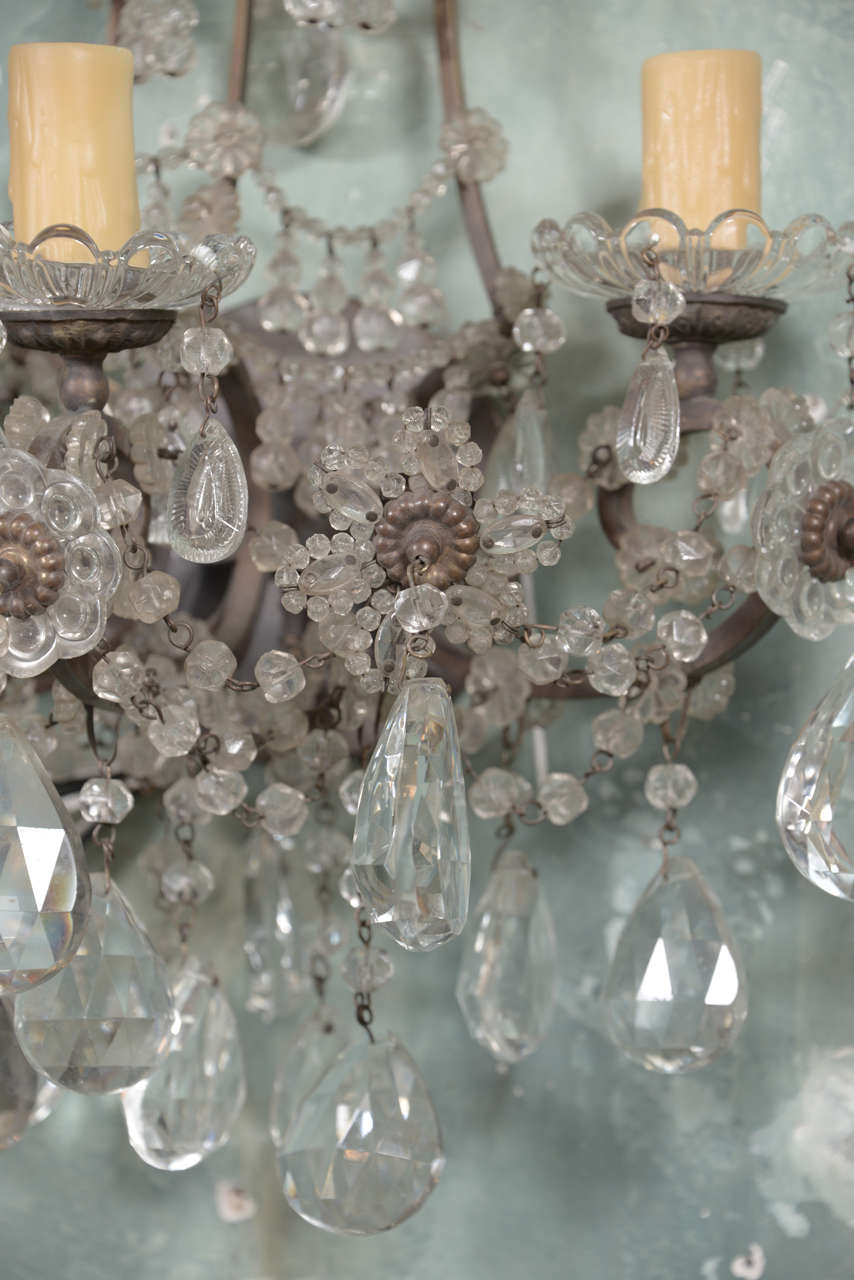 French Pair Iron and Crystal Sconces