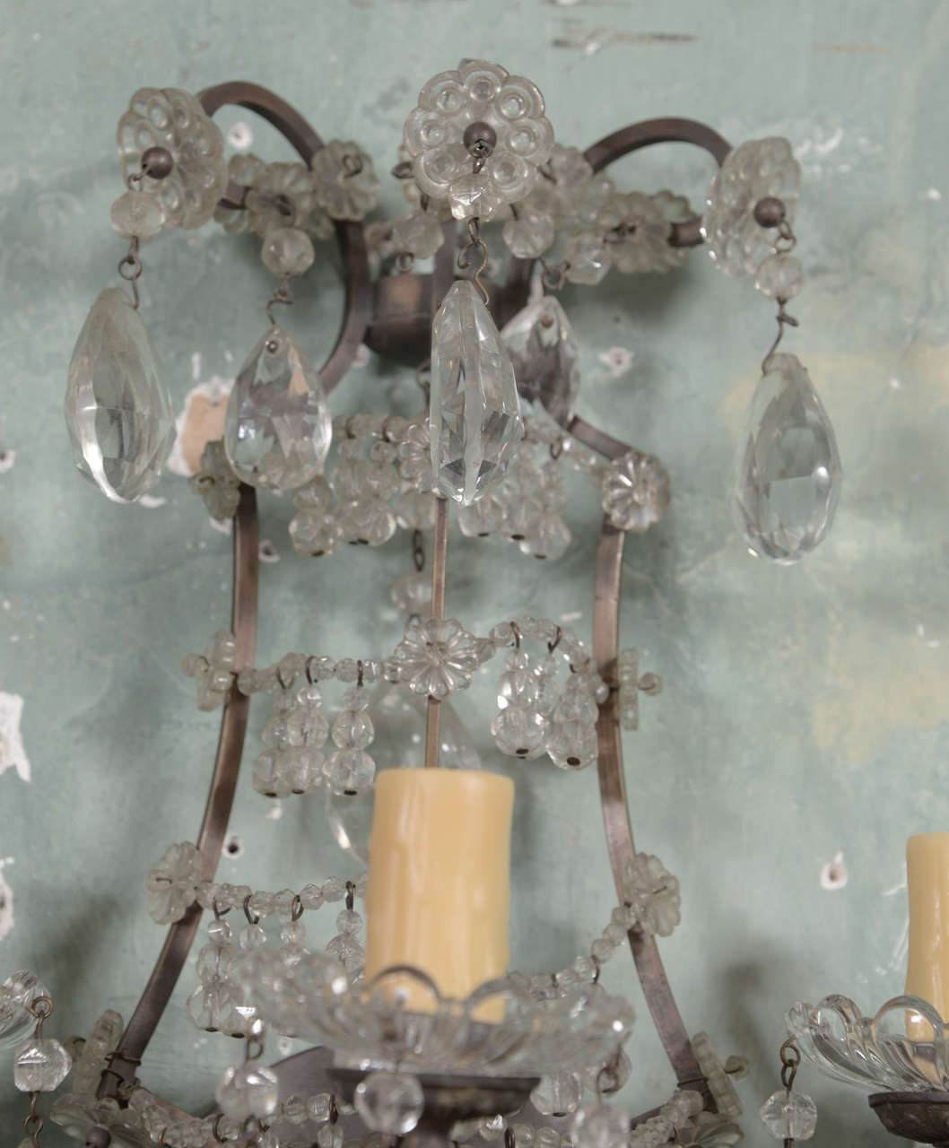 19th Century Pair Iron and Crystal Sconces