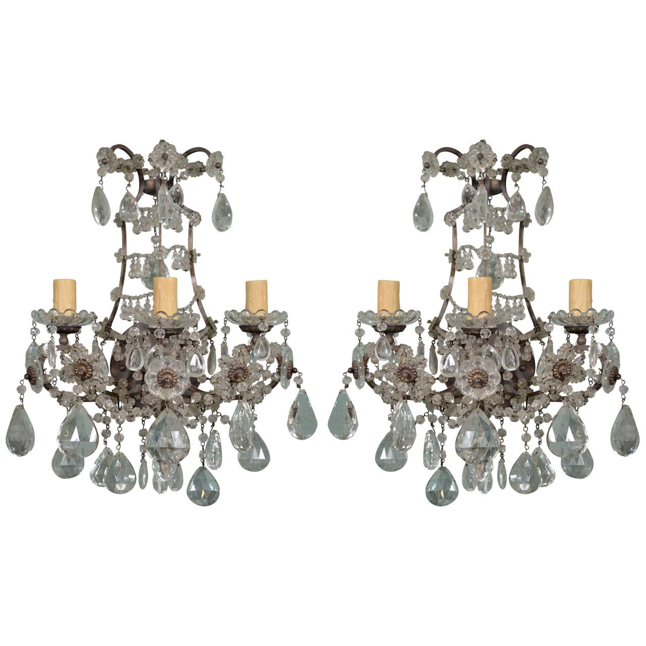 Pair Iron and Crystal Sconces